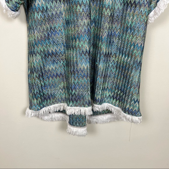 ALEXIS PONCHO COVER UP IN BLUE AND GREEN WITH WHITE FRINGE TRIM SIZE XS/S - Picture 6 of 13